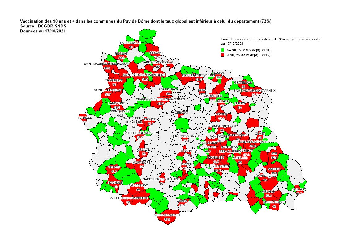 Cartographie des vaccinations des 90 ans et + dans le Puy de Dôme